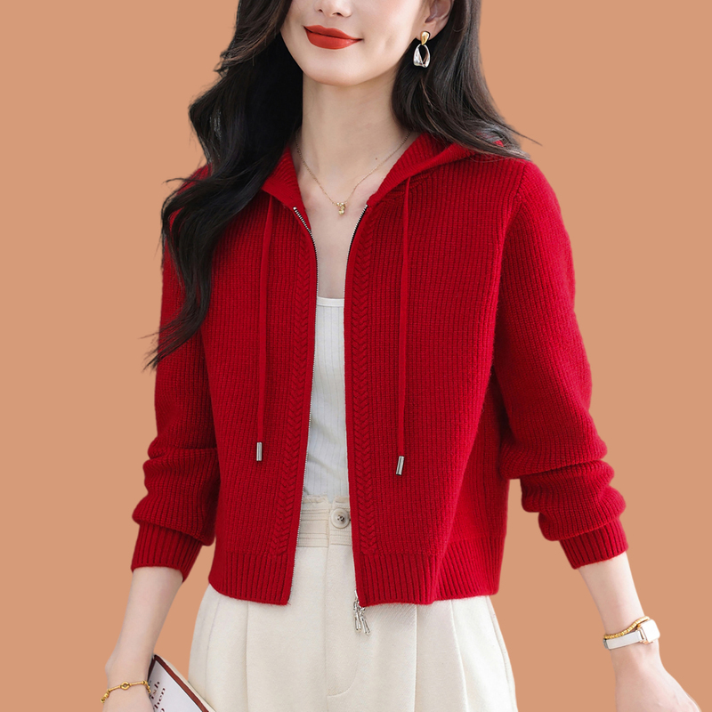 Ordos City Wool Knitted Cardigan for Women, New Autumn and Winter Style, Zippered Outerwear, Short Loose Hooded Sweater Jacket