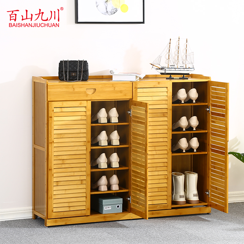 Baishan Jiuchuan shoe cabinet household door storage simple multi-layer large capacity shoe rack economic type bamboo solid wood frame dustproof