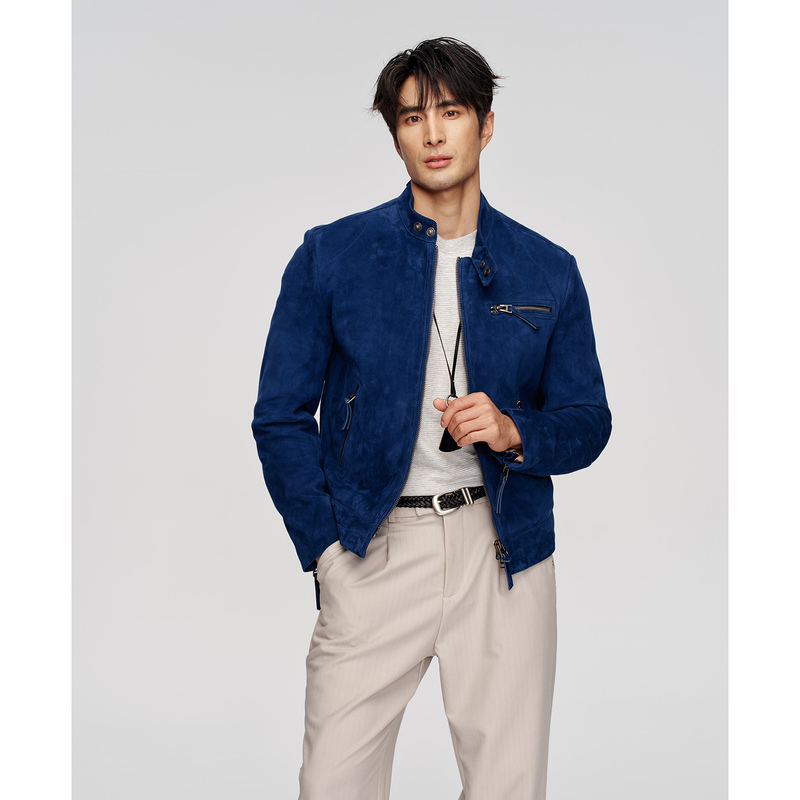 Show Louis Sultan Imported Mixed Suede Goat Leather Short Biker Stand Collar Leather Jacket