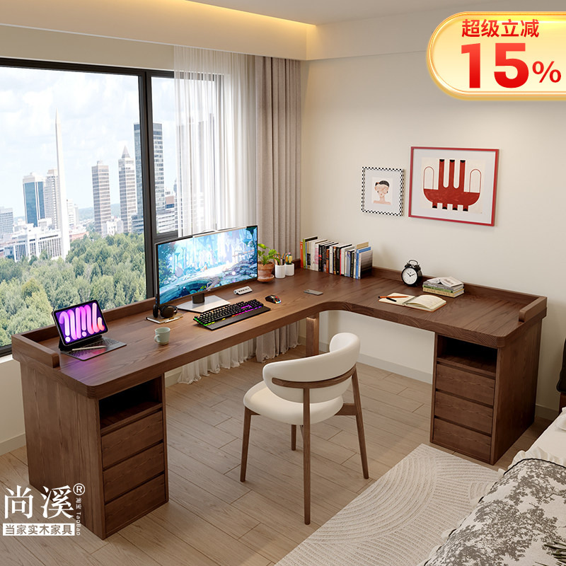 Solid Wood L-Shaped Corner Desk with Drawers, Home Computer Desk, Desktop Table, Corner Writing and Study Desk, Study Room, Bedroom Solid Wood L-Shaped Corner Desk with Drawers, Home Computer Desk, Desktop Table, Corner Writing and Study Desk, Study Room, Bedroom
