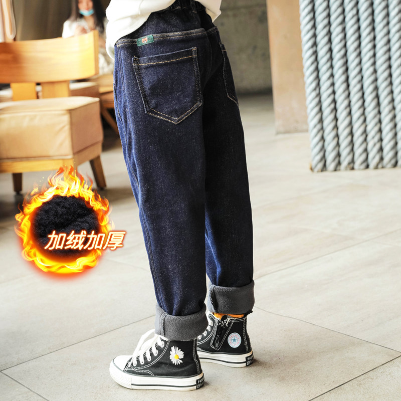 Girls plus velvet jeans loose 2021 winter wear new style big kids one piece velvet daddy pants children thick long pants