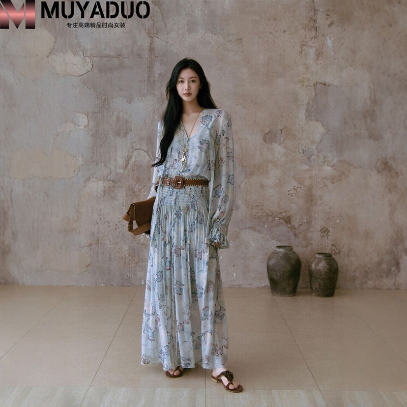 In Stock: Misty Blue Jacaranda Fairy-Like Nomadic Style Viscose French Print Long Dress for Women Vacation In Stock: Misty Blue Jacaranda Fairy-Like Nomadic Style Viscose French Print Long Dress for Women Vacation