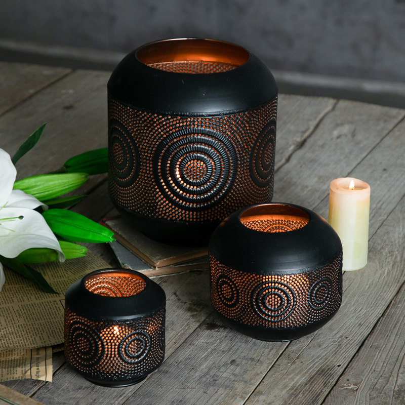 Nordic romantic candle holder household wedding props Wrought iron hollow carved small windproof lamp modern simple decorative ornaments