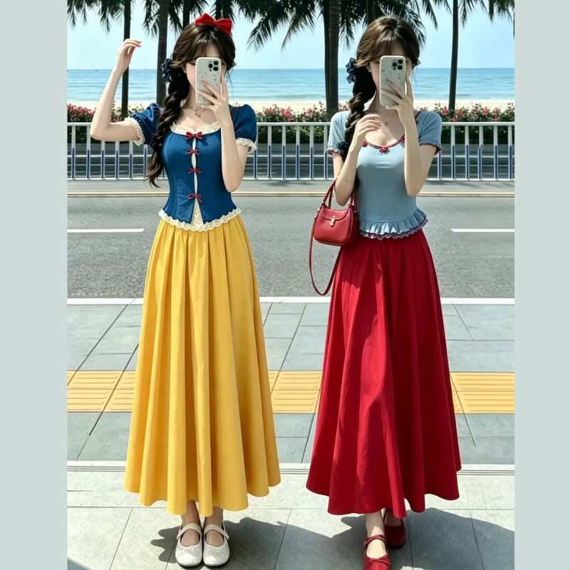 Traveling in a Bright Dopamine Disney Style, Sweet Waist-Cinching Top and Skirt Two-Piece Set, Dress, Long Skirt Traveling in a Bright Dopamine Disney Style, Sweet Waist-Cinching Top and Skirt Two-Piece Set, Dress, Long Skirt
