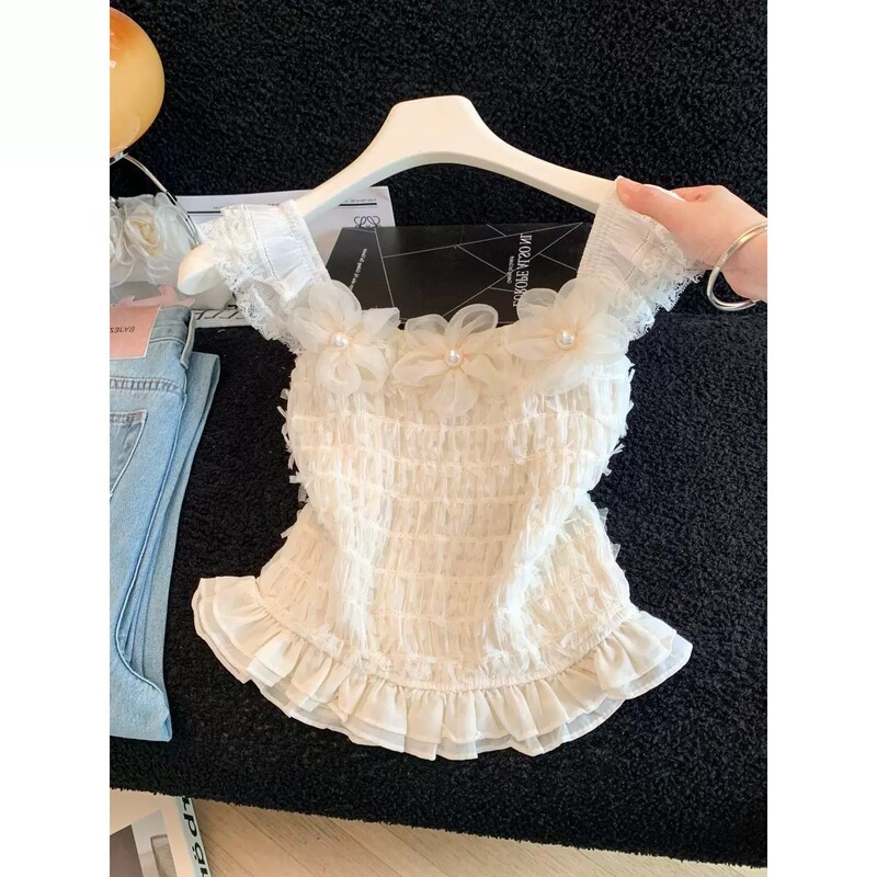 Guangzhou Thirteen Rows Women's Clothing ~ Three-Dimensional Floral Off-Shoulder Lace Blouse ~ Summer Ruffled Pleated Stylish Top Guangzhou Thirteen Rows Women's Clothing ~ Three-Dimensional Floral Off-Shoulder Lace Blouse ~ Summer Ruffled Pleated Stylish Top