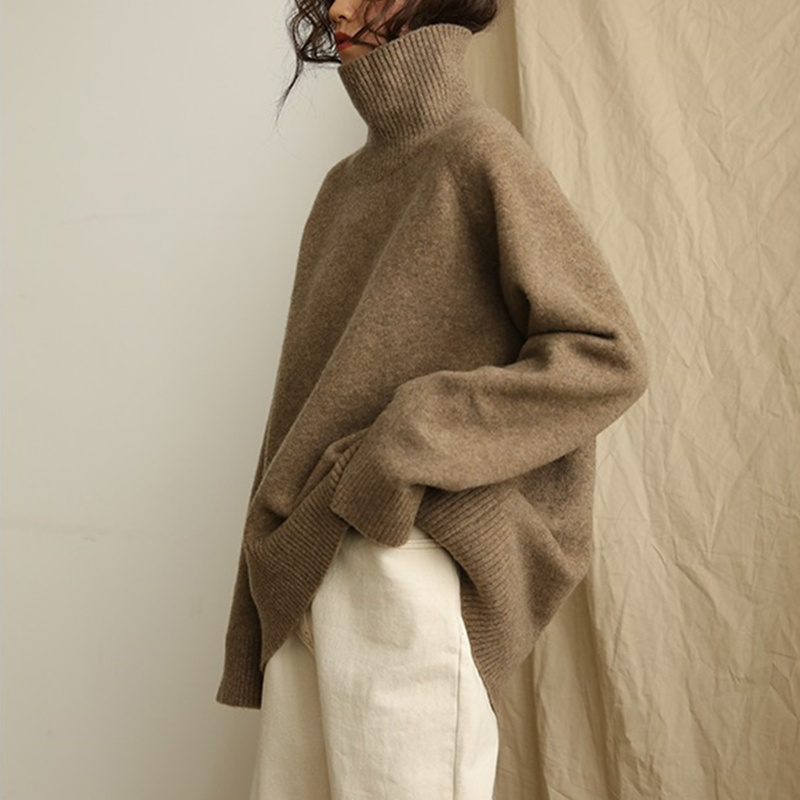 Lazy Style Layered Solid Color Loose Turtleneck Knitwear Versatile Chic Retro Autumn and Winter Thick Pullover Sweater for Women