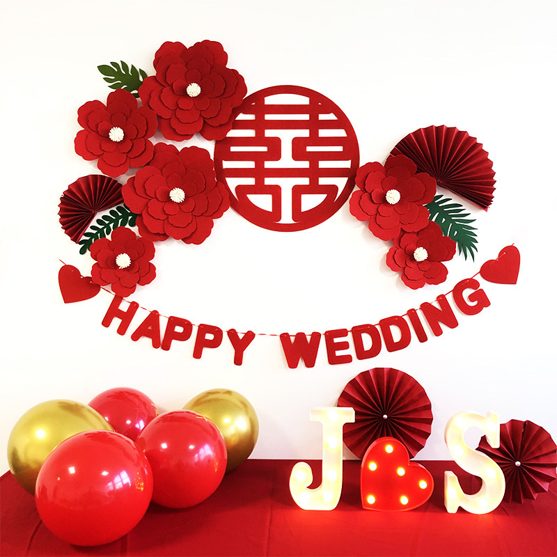 Wedding Wedding House Placement Decoration Suit Men's Party Woman Square Bedroom Bedside Background Wall Plan Net Red Solid Flowers