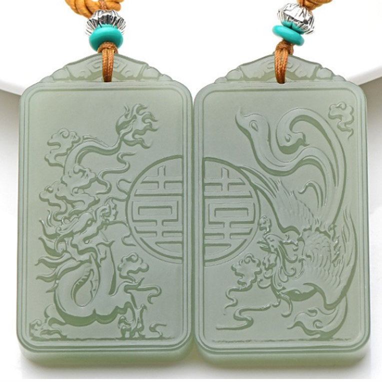 Natural Hetian jade pendant, dragon and phoenix jade pendant, green and white jade, men's and women's jade couple's jade pendant, a pair of love objects