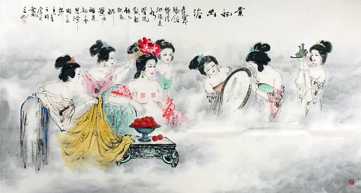 古画《杨贵妃出浴图》，仆人女扮男装，端着的