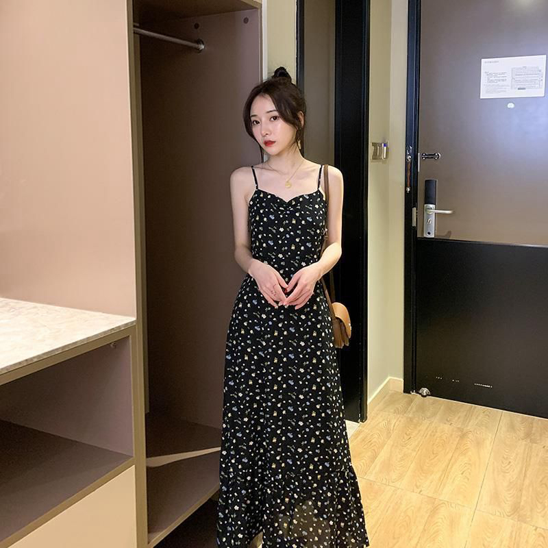 Trendy Black Skirt Above the Knee, Summer Fashion New Style, Slimming Floral Spaghetti Strap Dress, Women's Chiffon Long Dress