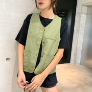 Workwear vest bông áo giáp 2020 mùa xuân / mùa hè Hàn Quốc phiên bản của loose-fitting V-cổ túi tay mỏng da bên ngoài ngựa Clip cô gái