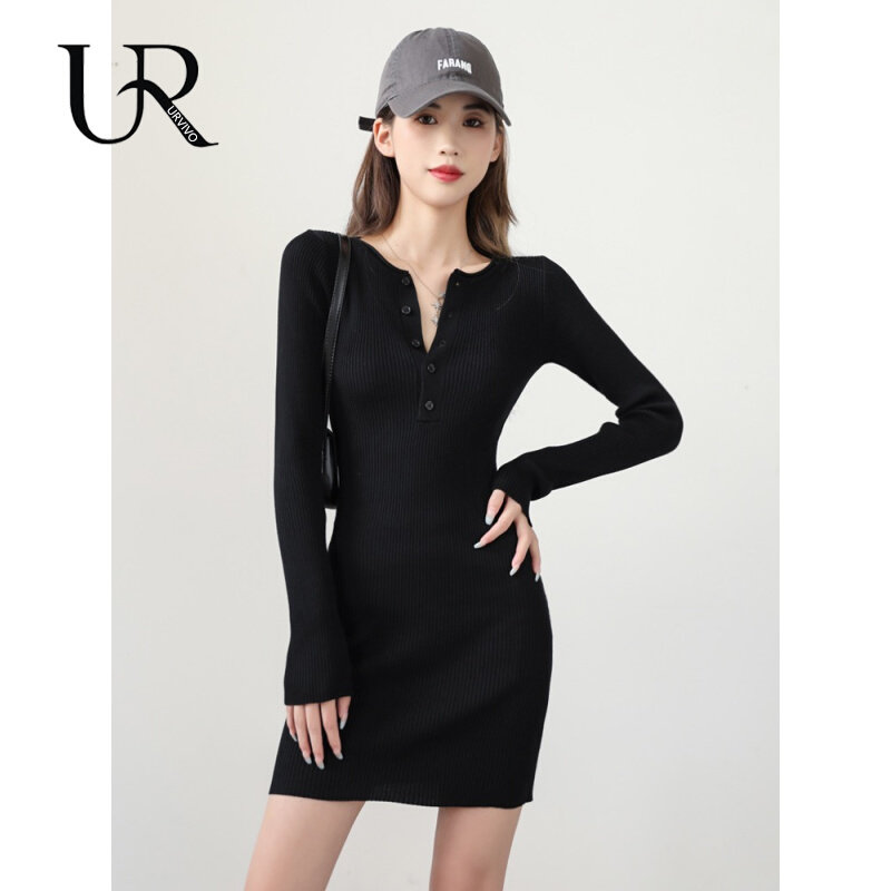URDEW RIIVIVR BLACK COAT INTERIE DRESS 2023 AUTUMN WINTER NEW LONG SLEEVE KNIT V COLLAR SHORT SKIRT WOMAN-TAOBAO