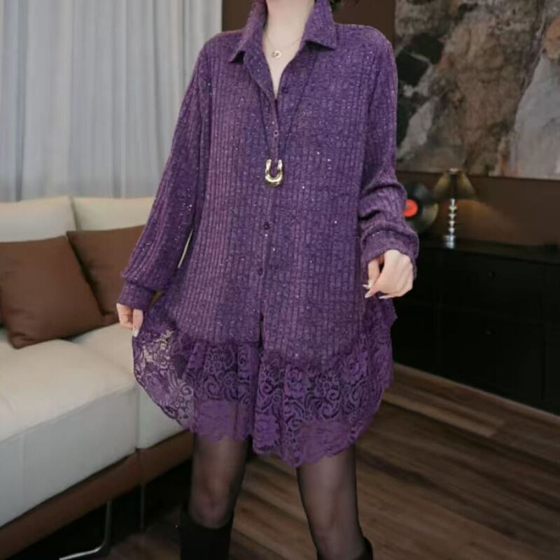 2025 Autumn/Winter New Loose Slimming Base Shirt Popular Brushed Lace Sequin Shirt Collar T-Shirt Top for Women 2025 Autumn/Winter New Loose Slimming Base Shirt Popular Brushed Lace Sequin Shirt Collar T-Shirt Top for Women