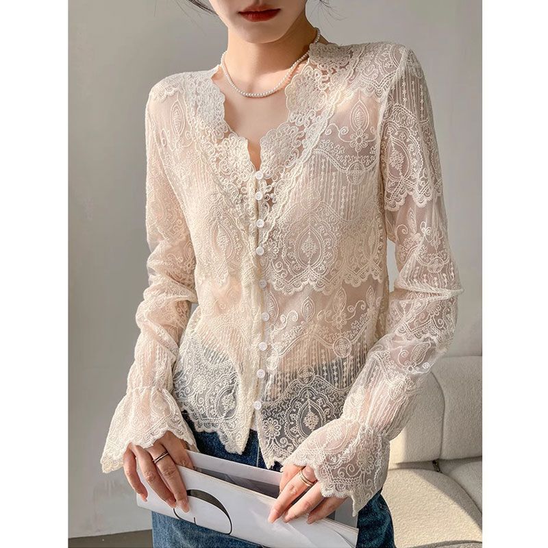 Lace Base Shirt for Women 2026 New Autumn and Winter Style, V-Neck Hollow-Out Top, Elegant Long-Sleeve Shirt with a High-End Feel Lace Base Shirt for Women 2026 New Autumn and Winter Style, V-Neck Hollow-Out Top, Elegant Long-Sleeve Shirt with a High-End Feel
