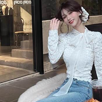 Kaka women's official authentic temperament plus velvet lace top bow tie versatile bottoming shirt for women