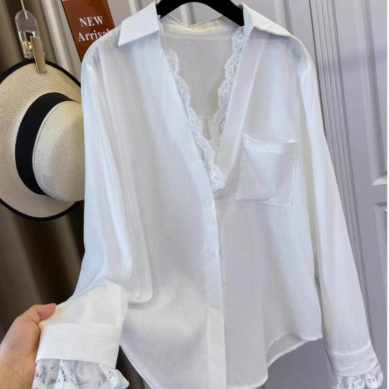 2025 Spring and Autumn New Style High-End Lace White Shirt Plus Size Women's Clothing Fat mm French High-End Chic Top
