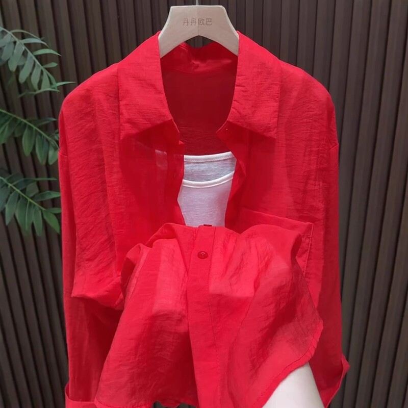 Korean Style Simple Long-Sleeved Sun Protection Shirt for Women, Thin and Loose Red Shirt with Suspender Two-Piece Set