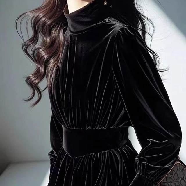 Light luxury high-end velvet shirt for women winter half turtleneck black bottoming shirt right shoulder waist lantern long-sleeved top