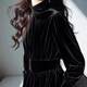 Light luxury high-end velvet shirt for women winter half turtleneck black bottoming shirt right shoulder waist lantern long-sleeved top