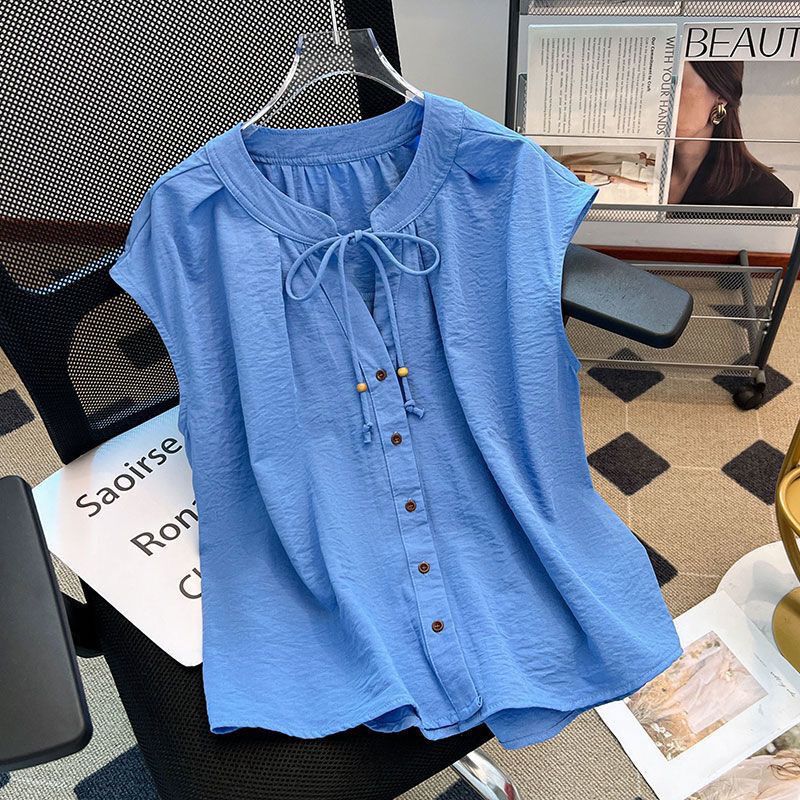 Klein Blue Cotton and Linen Shirt with Tie, Short-Sleeved Slimming Top, Summer Linen Shirt, Sleeveless Cardigan, Base Shirt