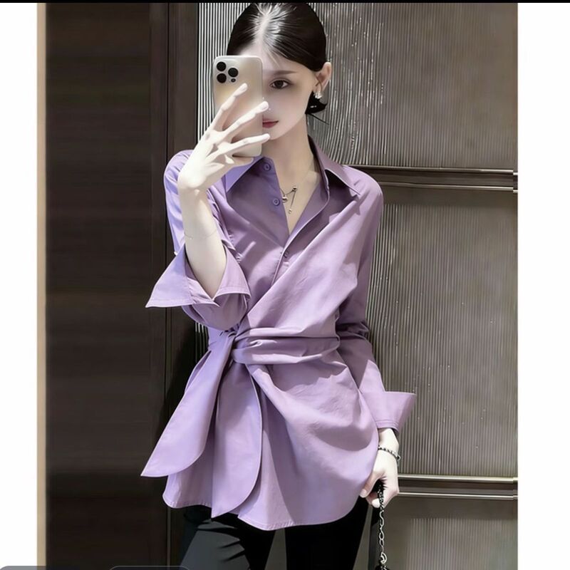 Designed Waist-Cinching Tie-Up Shirt for Women, Spring and Autumn 2026 New Style, High-End, Elegant, Slimming, Super Pretty Long-Sleeved Top