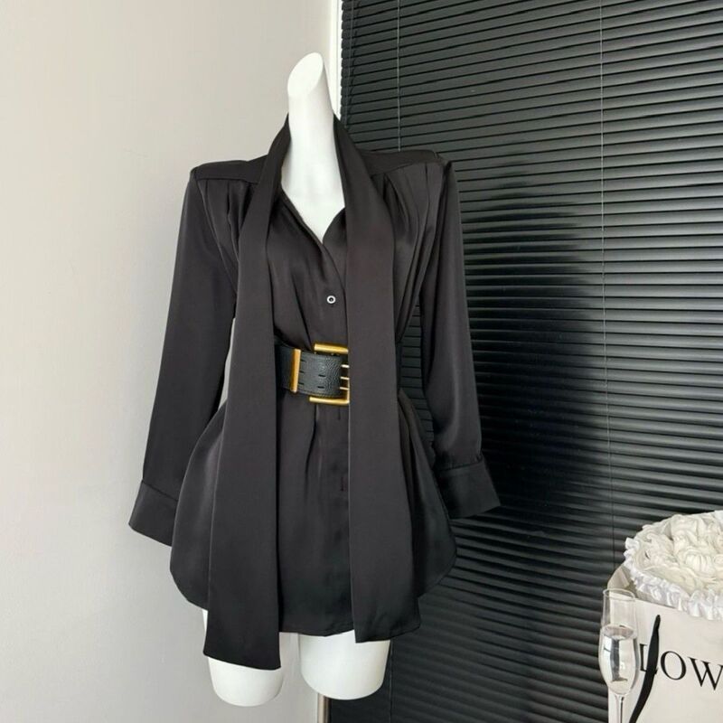 Black High-End Halter Neck Satin Long-Sleeve Shirt for Women, Early Autumn, Plus Size, Waist-Cinching, Mid-Length, Covers the Hips Black High-End Halter Neck Satin Long-Sleeve Shirt for Women, Early Autumn, Plus Size, Waist-Cinching, Mid-Length, Covers the Hips