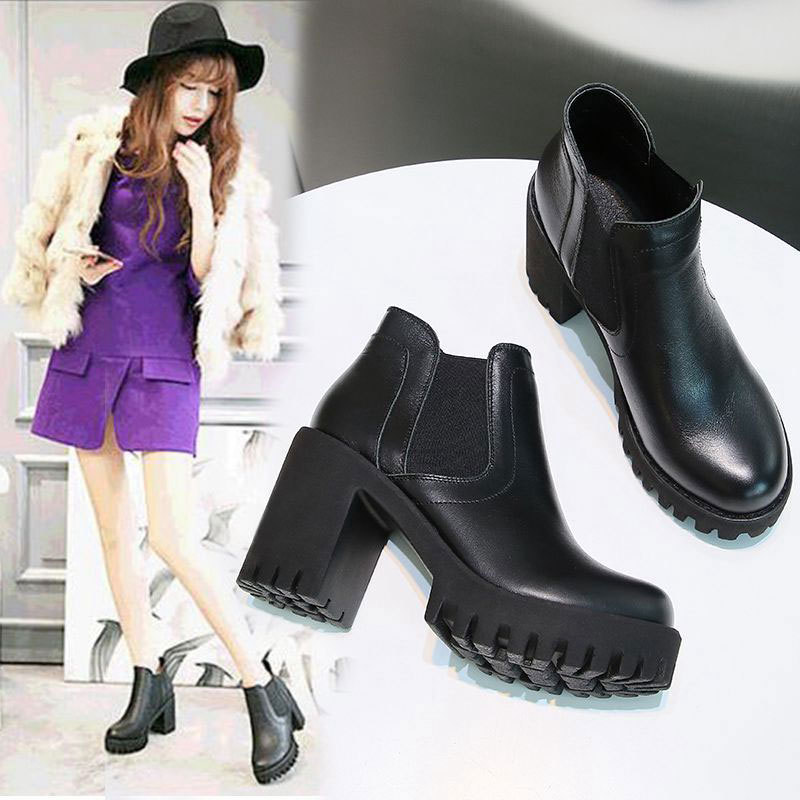 Thick-Soled Chunky Heel Short Boots for Women, Autumn and Winter Boots, 2024 New Style, Fleece-Lined High Heels, Waterproof Platform, Genuine Leather Martin Boots