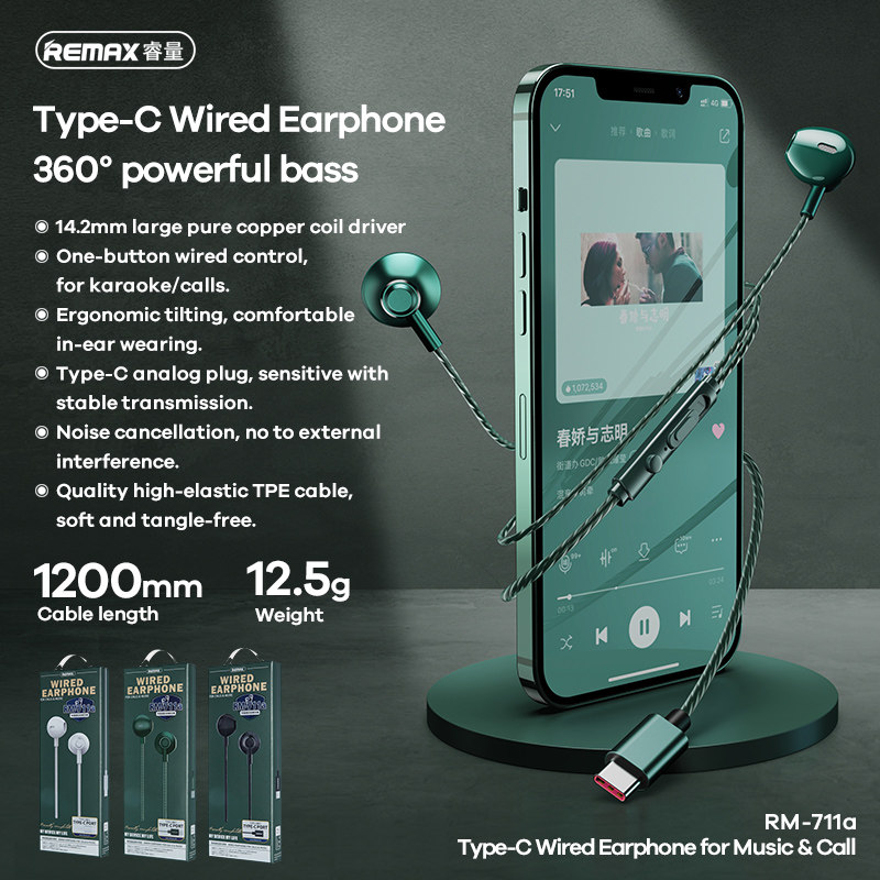 Remax Live Net Class Tablet Phone Side Entry Flat Headphones Conditioning Volume Earplug Stereo Heavy Bass Music Wire Control Talk 3 5mm Android TYPE-C Ping fruit 12XS Interface Direct insertion Cable