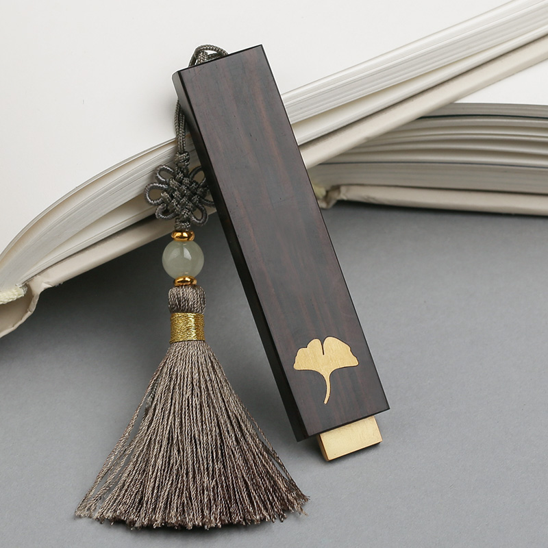 Classical Chinese style Mahogany vintage style U disk 16G gift box gift Ebony wood custom lettering inlaid copper ginkgo leaf creative tassel graduation souvenir small gift Exquisite bookmark