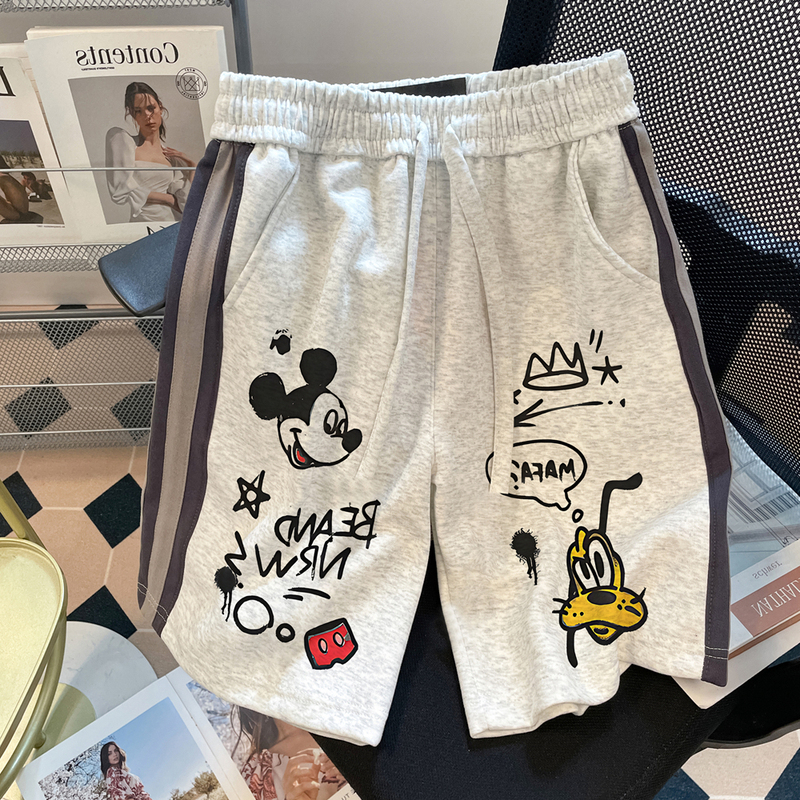 American-Style Trendy Mickey High-Waisted Straight Shorts for Men and Women, Summer Casual Wear, Petite Size, Pure Cotton Knee-Length Shorts