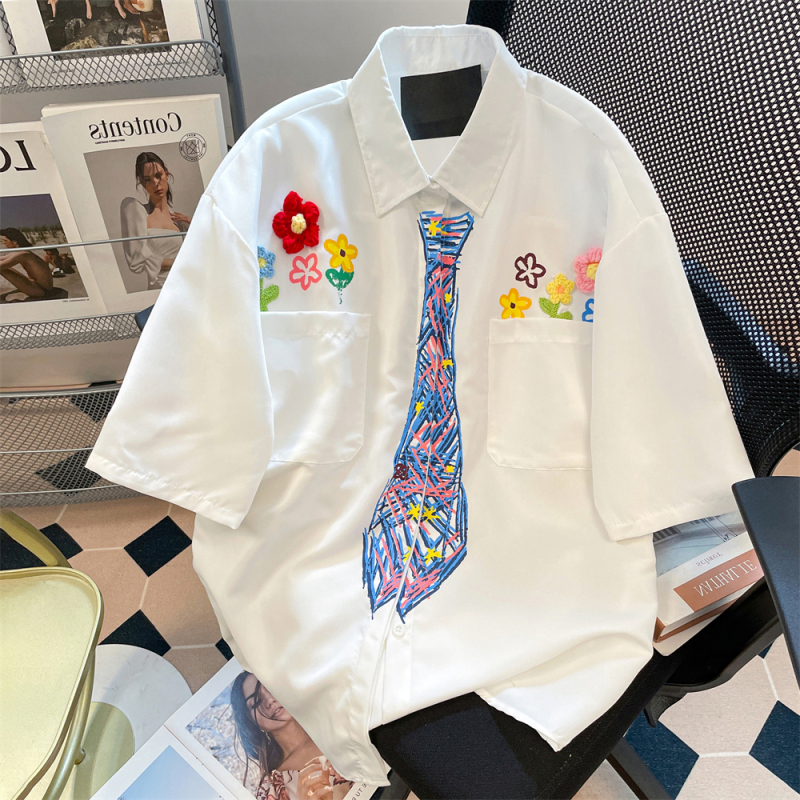Design-Focused Niche Graffiti Tie Embroidered Floral Shirt for Men and Women, Summer Hong Kong Style Japanese Style Regular Shoulder Short-Sleeve Top Jacket