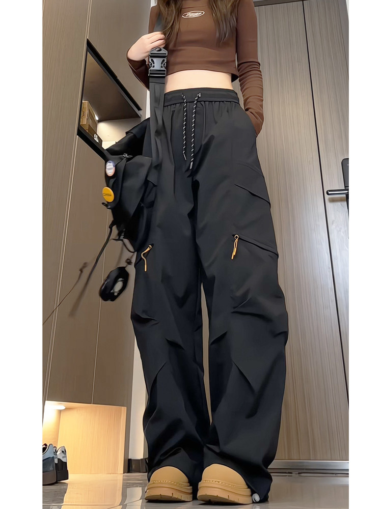Spring and Autumn Cargo Pants, Military Green Wide-Leg Pants for Women, Mid-High Waist Drawstring Straight-Leg Pants, Loose and Drapey Casual Pants, Trendy