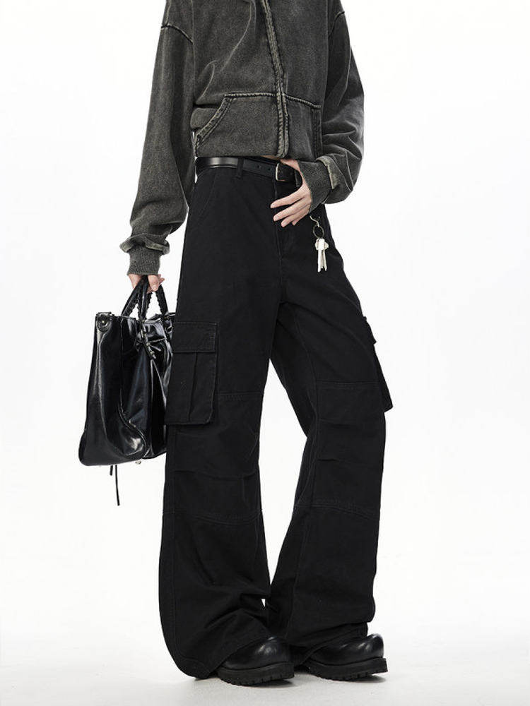 Autumn and Winter Heavy-Duty Washed Pleated Patchwork Workwear Casual Pants Japanese Retro High Street Loose Straight Wide-Leg Long Trousers