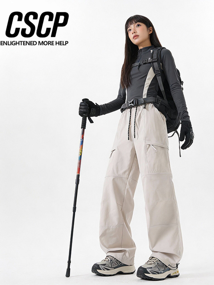 Workwear Style High-Waisted Wide-Leg Pants for Women, Loose and Slimming, Multi-Pocket Outdoor Casual Pants, Straight-Leg Autumn and Winter Hiking Pants, Trendy