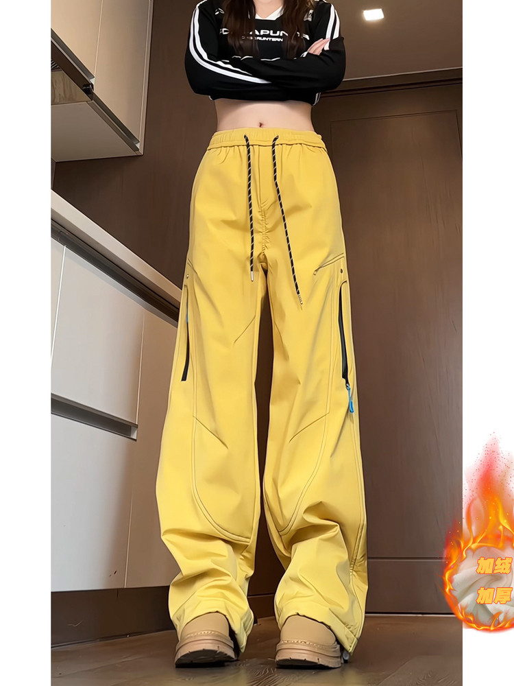 Autumn and Winter Mountain-Style Outdoor Multi-Pocket Cargo Pants for Women, Windproof and Waterproof Hiking Straight-Leg Pants, Fleece-Lined and Thickened, Couple Style