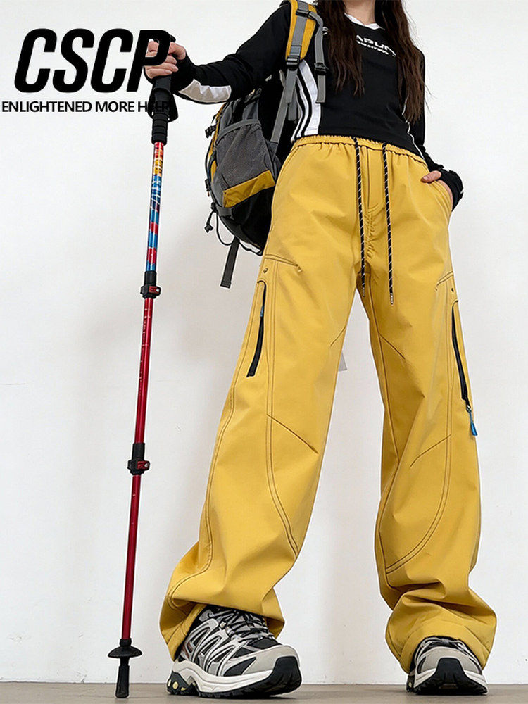 Autumn and Winter Mountain-Style Outdoor Multi-Pocket Cargo Pants for Women, Windproof and Waterproof Hiking Straight-Leg Pants, Fleece-Lined and Thickened, Couple Style