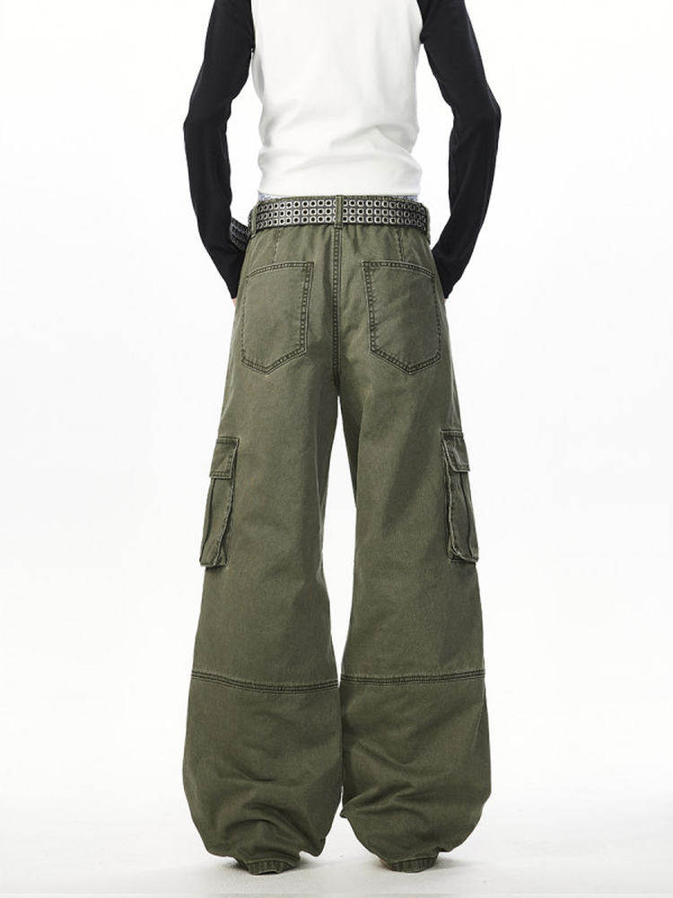 Autumn and Winter Heavy-Duty Washed Pleated Patchwork Workwear Casual Pants Japanese Retro High Street Loose Straight Wide-Leg Long Trousers