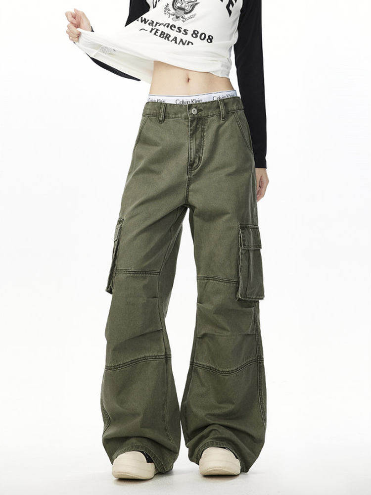 Autumn and Winter Heavy-Duty Washed Pleated Patchwork Workwear Casual Pants Japanese Retro High Street Loose Straight Wide-Leg Long Trousers