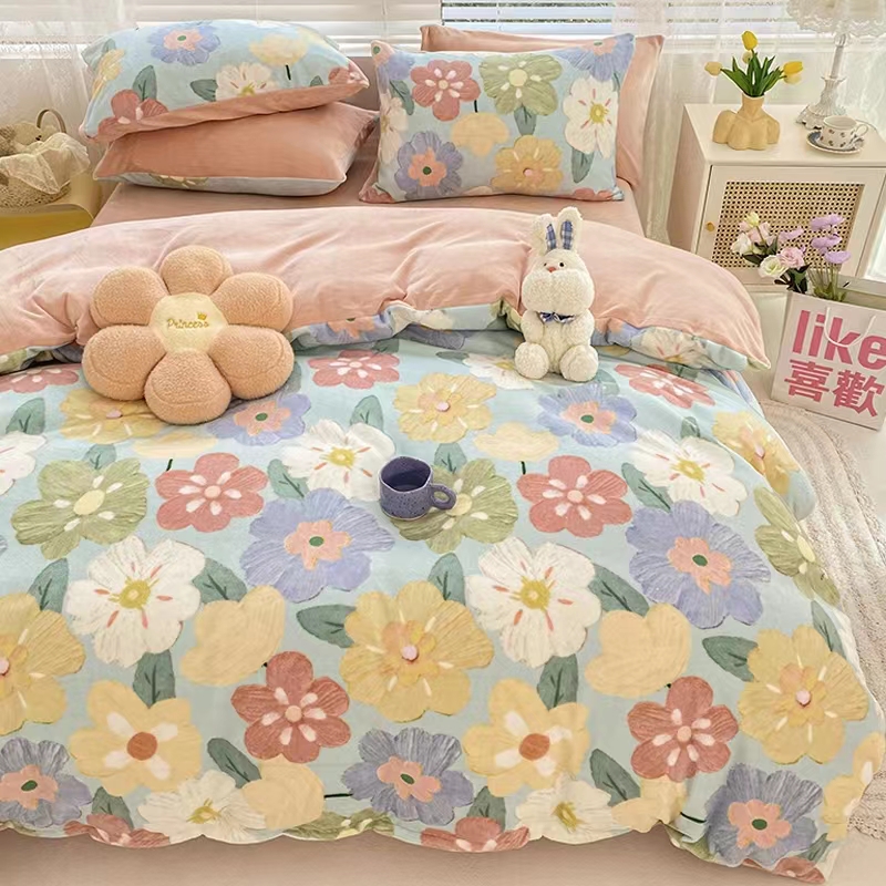 Bed four-piece set simple flannel surface winter milk coral fleece double-sided fitted sheet bedding sheet plus velvet quilt cover