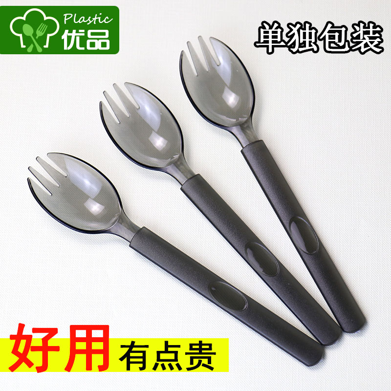 High-grade disposable fork spoon thickened takeaway long fork spoon double salad long handle fork spoon fruit scoop dessert fork spoon spoon