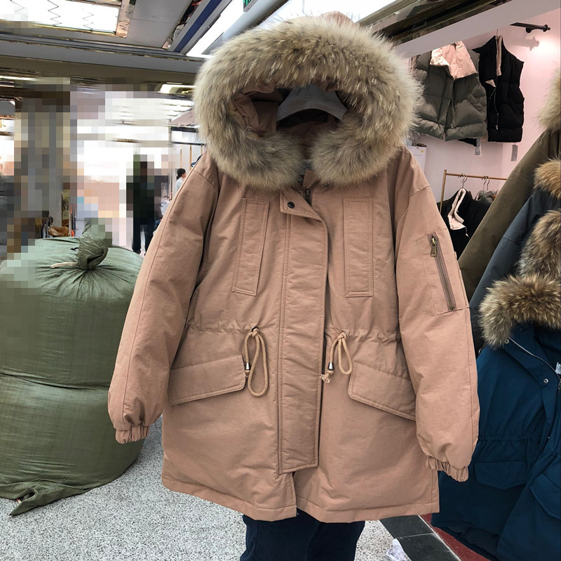 Han Feng Chic lông thú thật công cụ thắt lưng dây rút giản dị quá khổ trong phần quần áo cotton dày nhiều màu áo phao nữ dáng dài