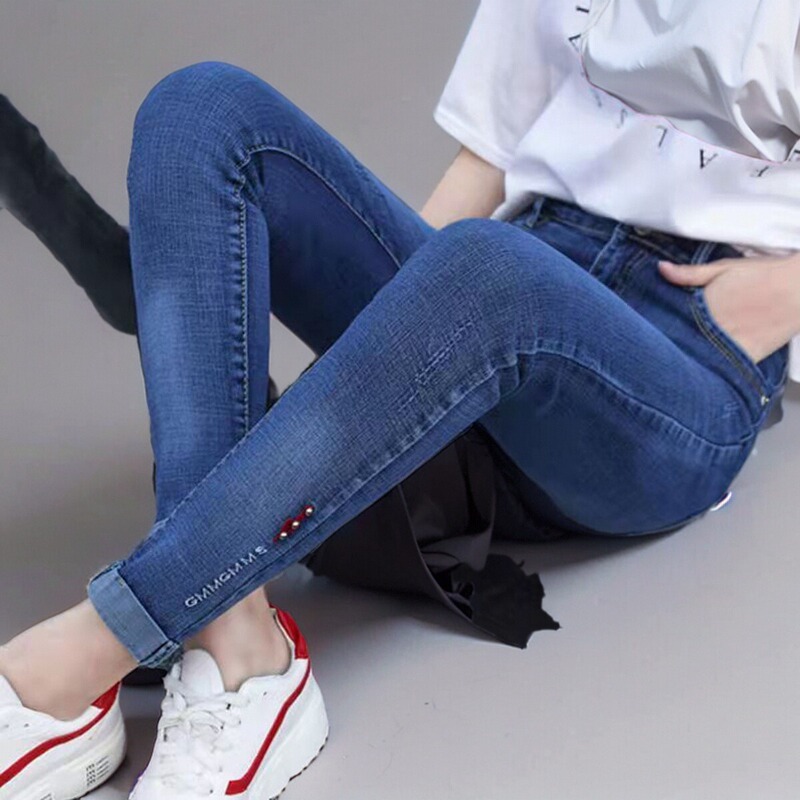 Women's Cropped Jeans, High-Waisted, Stretchy, 2025 New Style, Petite, Cuffed, Embroidered, Autumn Versatile Casual Pencil Pants