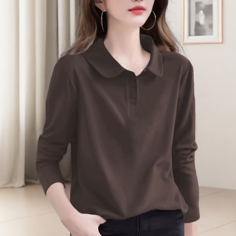 Spring and Autumn New Korean Style Loose Slimming Polo Shirt Top for Women, Stylish, Simple, Versatile, Pure Cotton, Turn-Down Collar, Long Sleeve T-Shirt