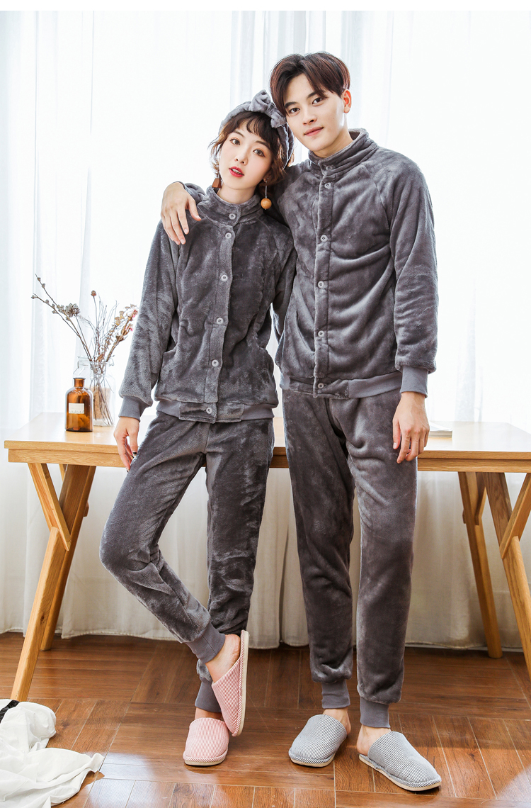 Coral lông cừu đôi đồ ngủ phụ nữ dày mùa thu ấm áp và mùa đông flannel nam dài tay dịch vụ nhà đóng cửa đồ ngủ nam