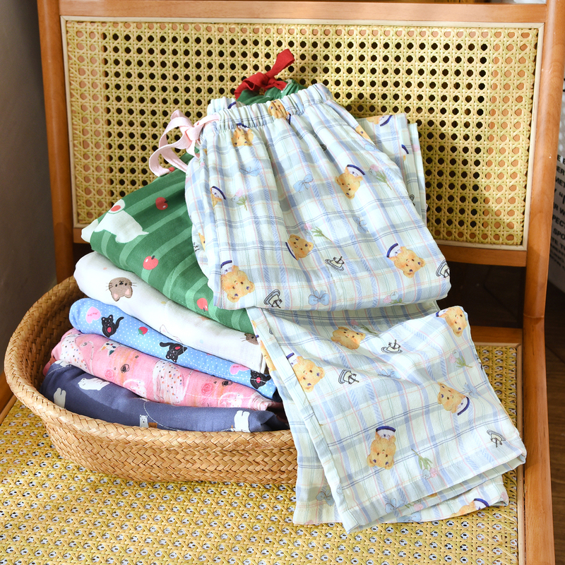 Cute Cartoon Cotton Gauze Pajama Pants for Women, Long Pants, Spring and Summer Thin Pure Cotton Loose Home Pants, Can Be Worn Outside and at Home Cute Cartoon Cotton Gauze Pajama Pants for Women, Long Pants, Spring and Summer Thin Pure Cotton Loose Home Pants, Can Be Worn Outside and at Home
