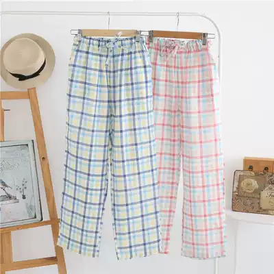 Spring, summer and autumn new pajamas women's trousers knitted Japanese plaid pure cotton home pants cotton yarn cloth loose single piece