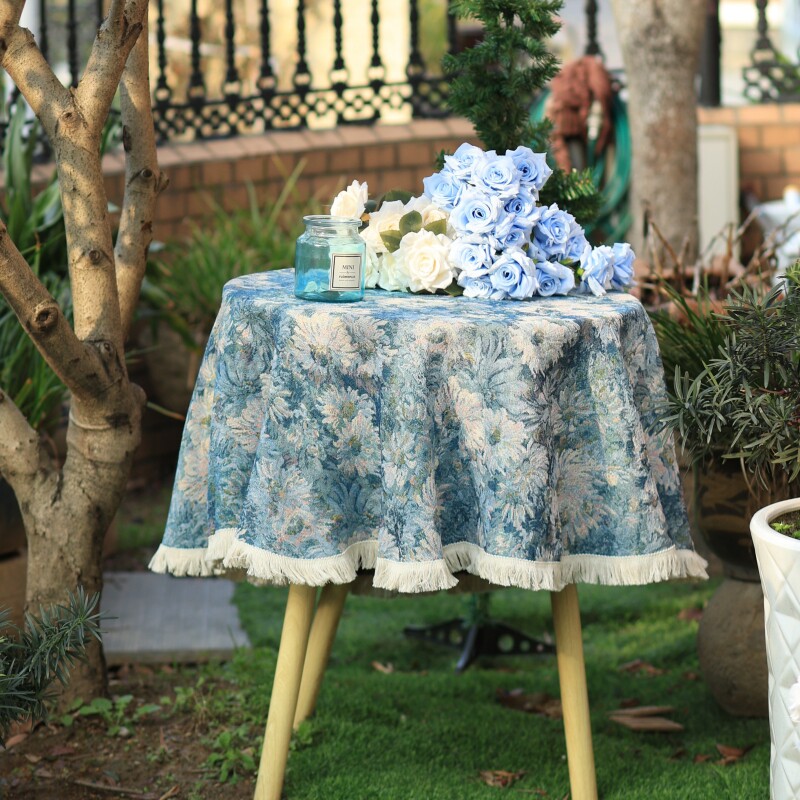 Monet Blue Floral Jacquard Tablecloth with Tassel Trim
