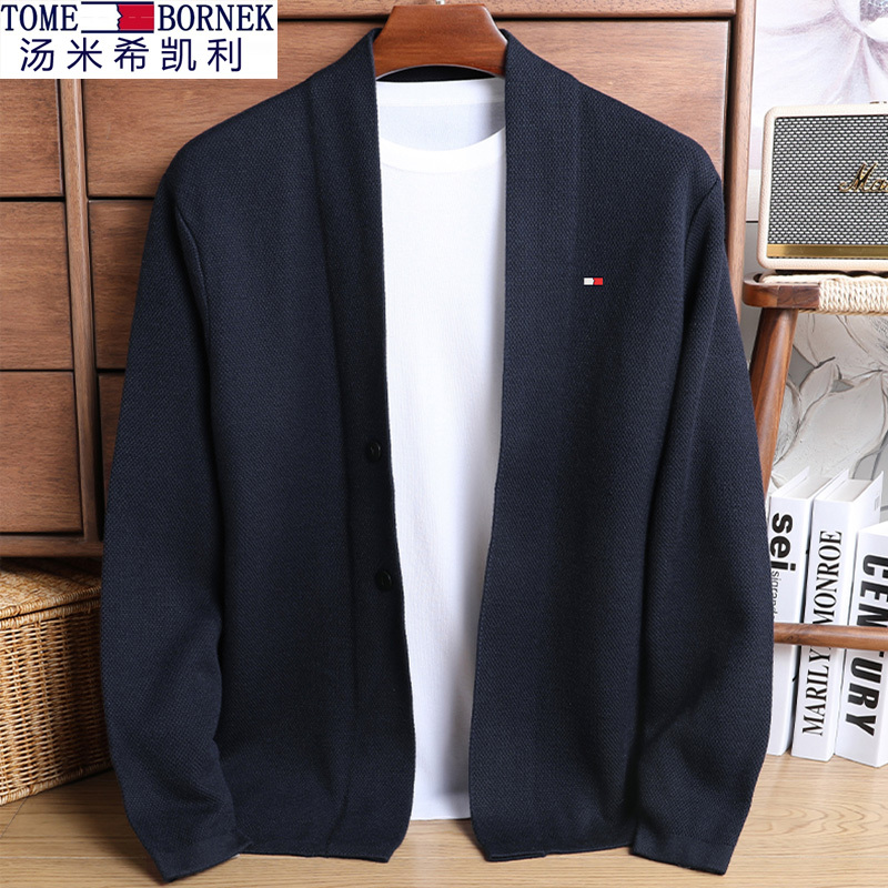 American-Style Tommy Hilfiger Long-Sleeve Wool Cardigan Men's Jacket for Spring, Autumn, and Winter, V-Neck Sweater for Men, Plus Size