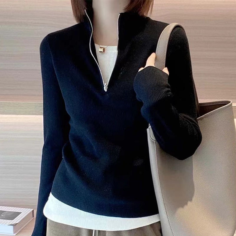 Authentic Tommy Hilfiger Spring and Autumn New Solid Color Knit Sweater Autumn and Winter Women's T-Shirt with Stand Collar and Faux Two-Piece Design Authentic Tommy Hilfiger Spring and Autumn New Solid Color Knit Sweater Autumn and Winter Women's T-Shirt with Stand Collar and Faux Two-Piece Design
