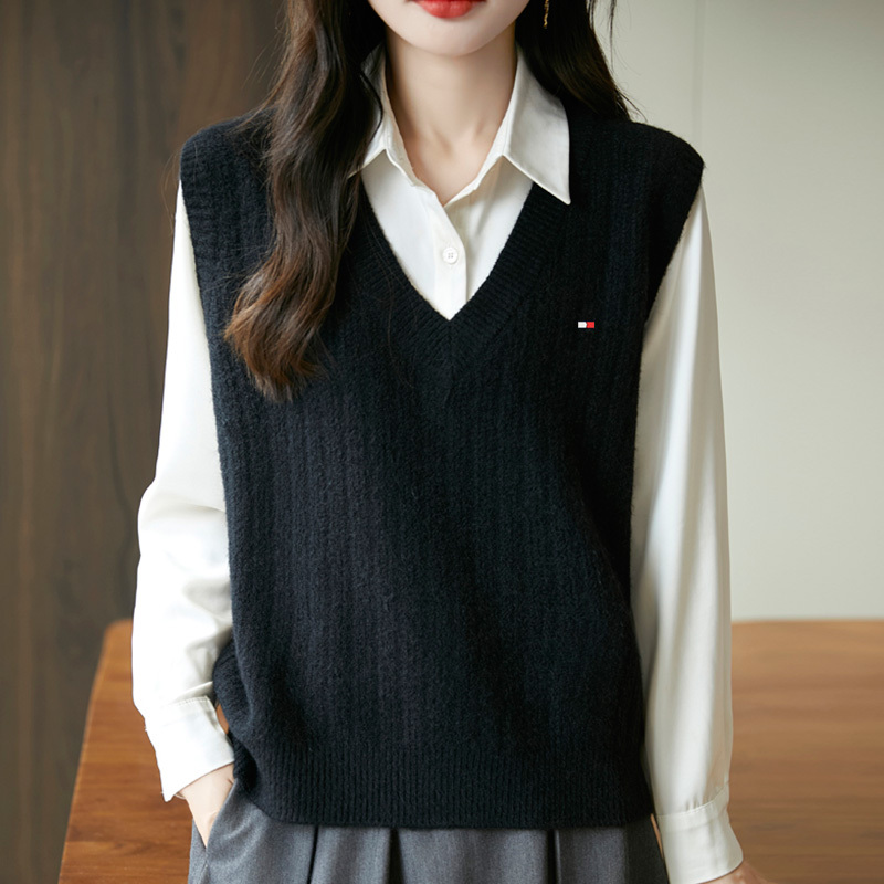 Tommy Xikaili Women's Vest Autumn V-Neck Layered Retro Knitted Vest Warm Sweater Vest Winter